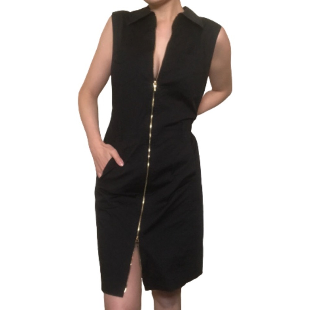 TORY BURCH Black Collared Gold Zipper Dress